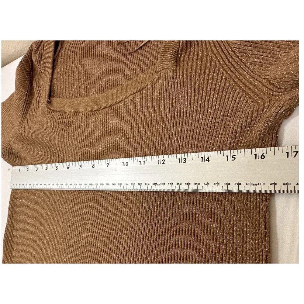 Michael Kors Ribbed Sweater Top Womens Medium Gold Metallic Square Neck‎